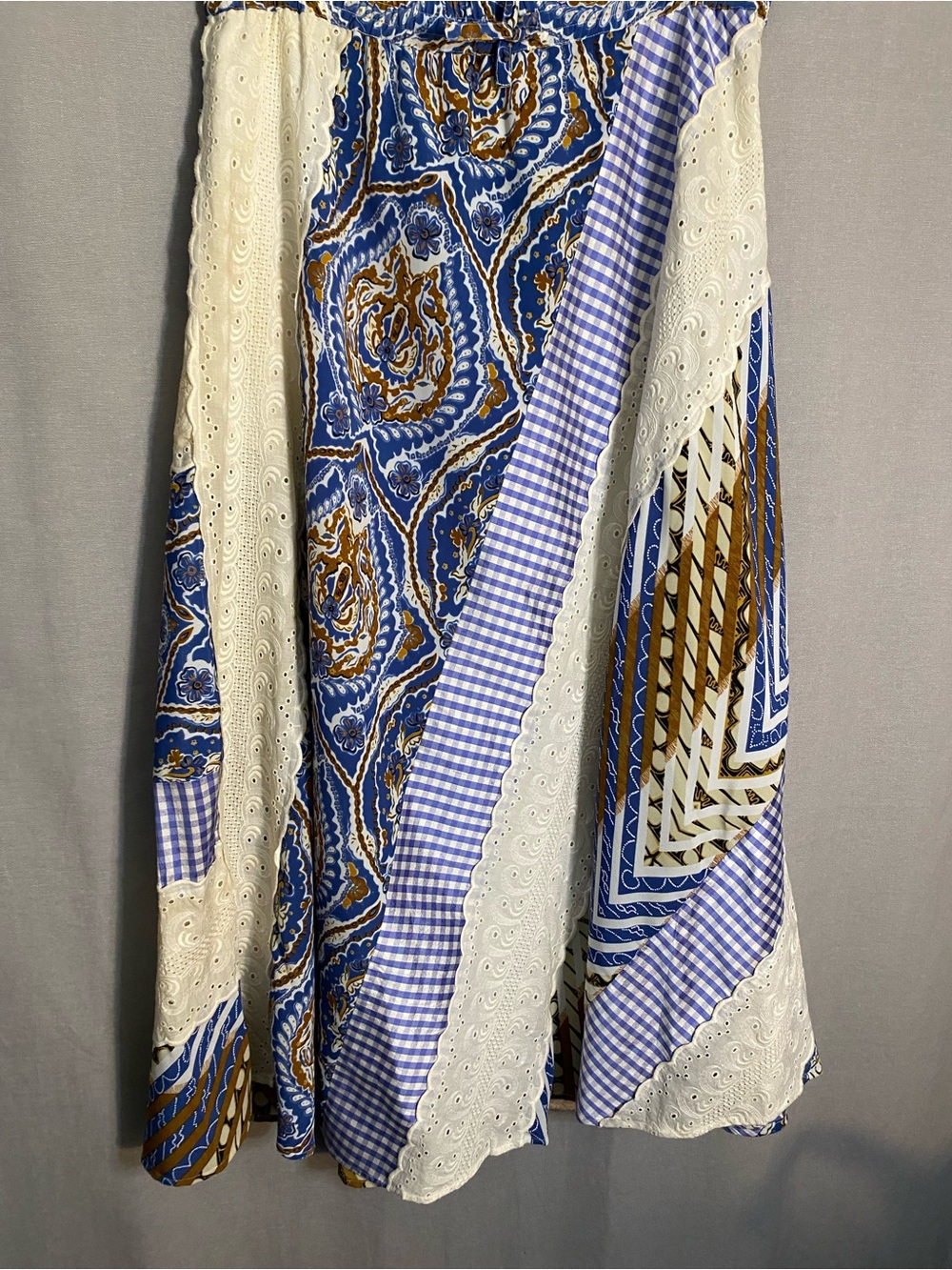 Boho Patchwork Maxi Skirt in Blue, White & Brown